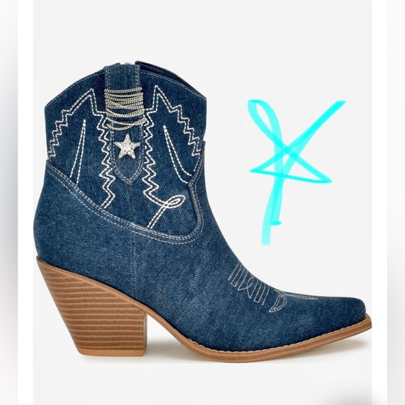 Nine West Nallas Western Booties Heeled ✨ Dark Blue Denim Size 9 | star country - Picture 4 of 15
